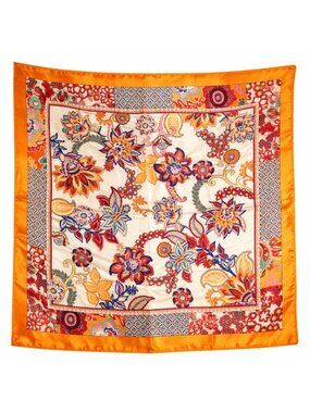 Orange Floral Satin Square Scarf 20x20 Hair Neck Head Wrap Boho